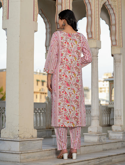 Pink Floral Printed Straight Cotton Kurta Set