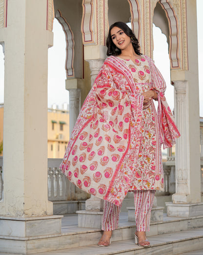 Pink Floral Printed Straight Cotton Kurta Set