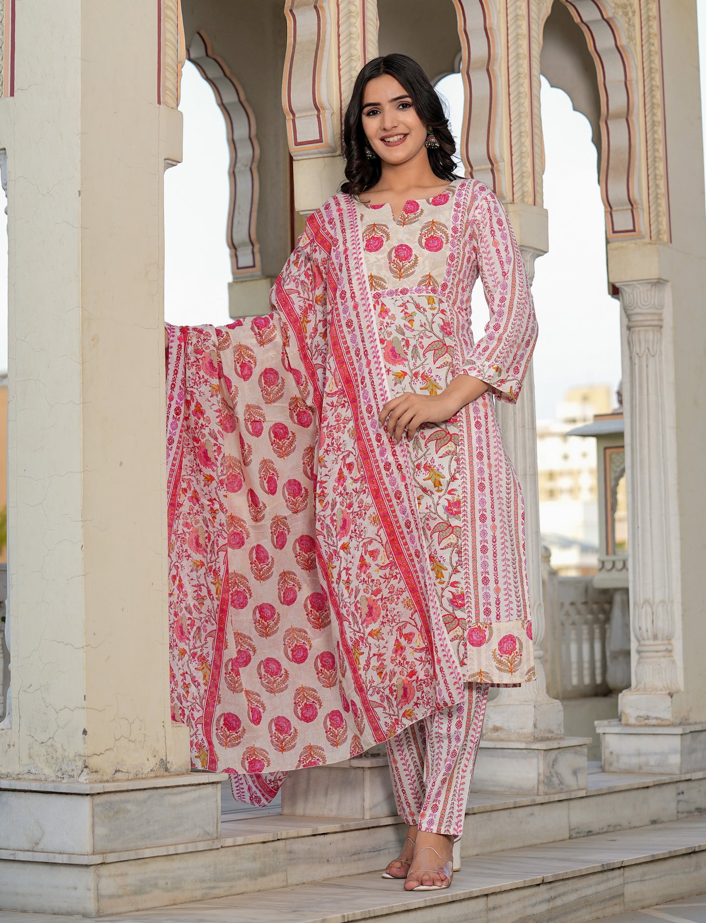 Pink Floral Printed Straight Cotton Kurta Set