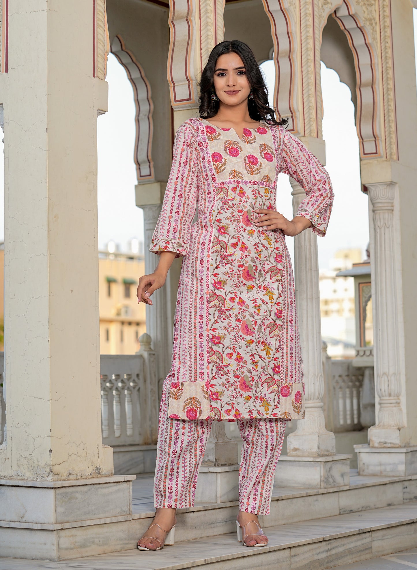 Pink Floral Printed Straight Cotton Kurta Set