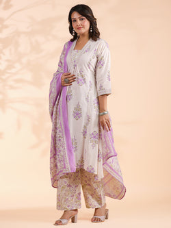 White And Purple Floral Printed A-Line Cotton Stitched Kurta Set