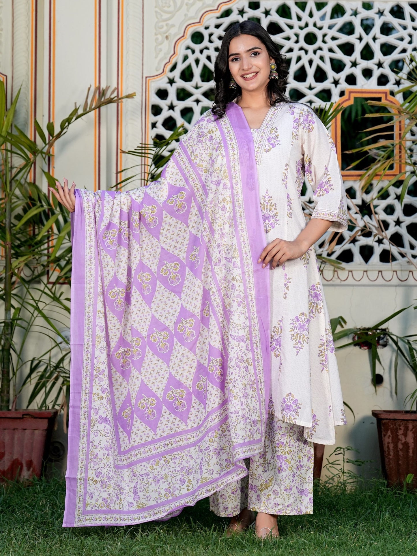 White And Purple Floral Printed A-Line Cotton Kurta Set