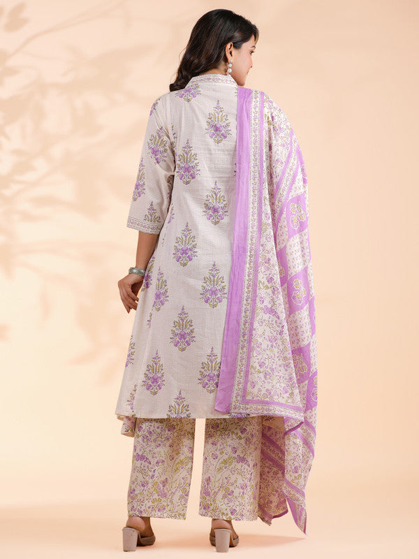 White And Purple Floral Printed A-Line Cotton Stitched Kurta Set