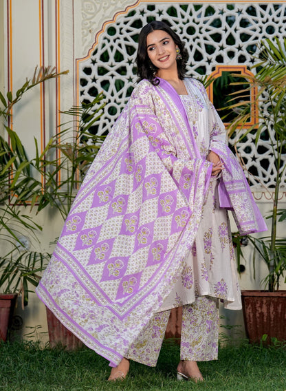 White And Purple Floral Printed A-Line Cotton Kurta Set