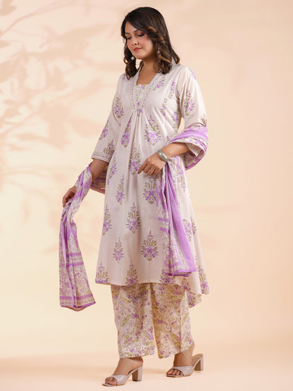 White And Purple Floral Printed A-Line Cotton Stitched Kurta Set