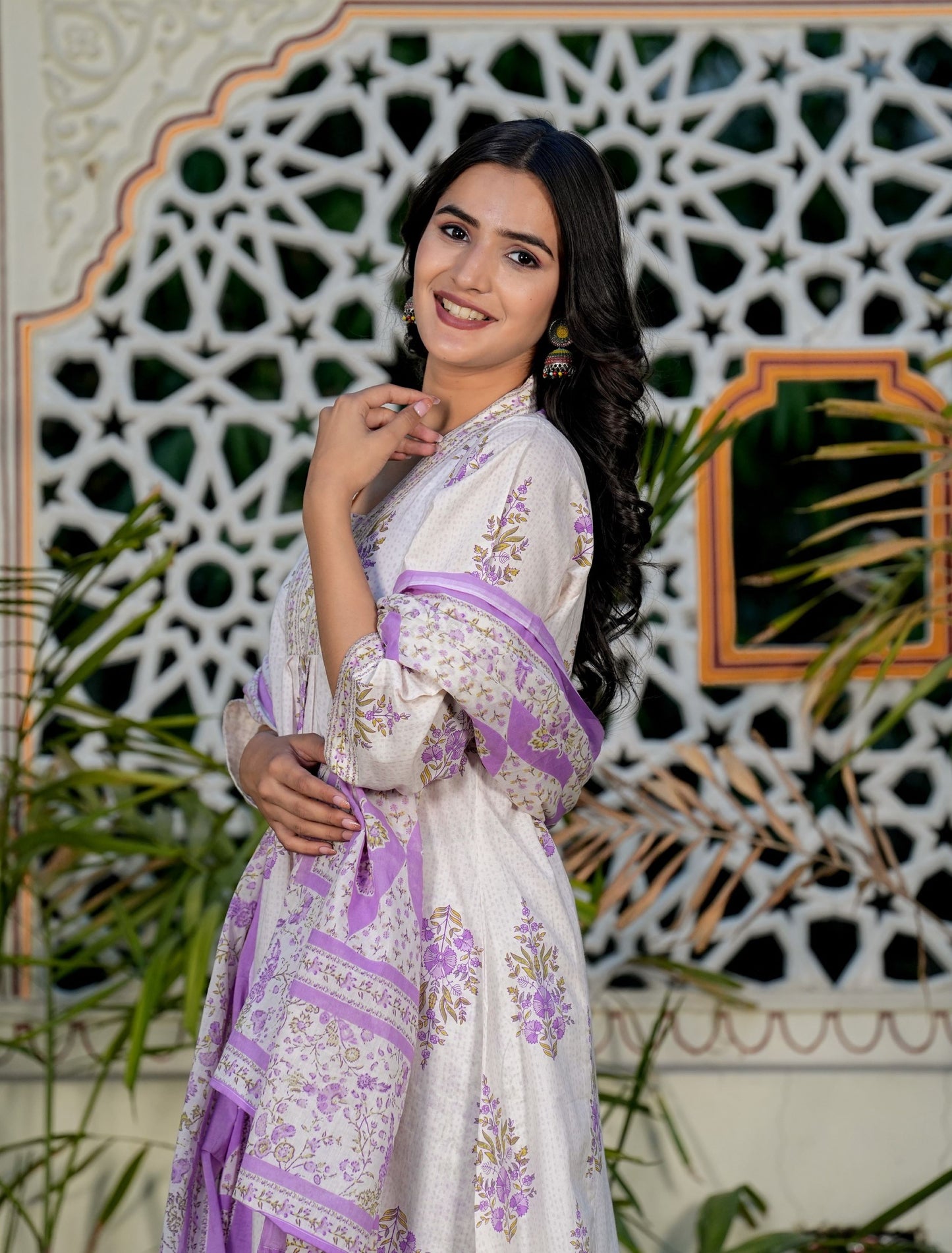 White And Purple Floral Printed A-Line Cotton Kurta Set