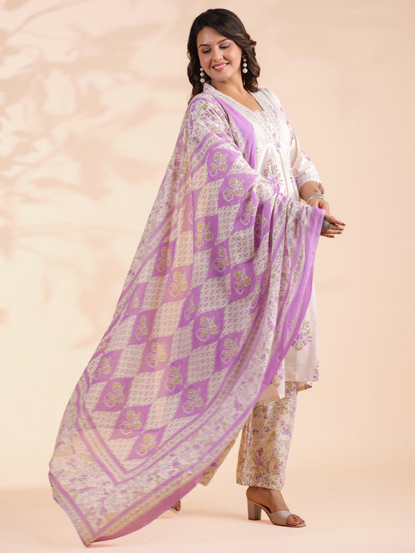 White And Purple Floral Printed A-Line Cotton Stitched Kurta Set