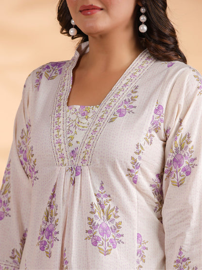 White And Purple Floral Printed A-Line Cotton Stitched Kurta Set