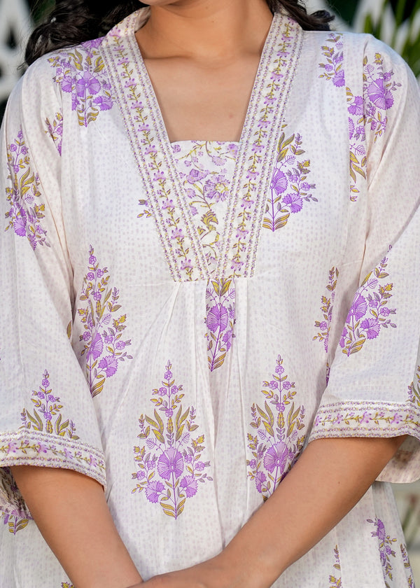 White And Purple Floral Printed A-Line Cotton Kurta Set