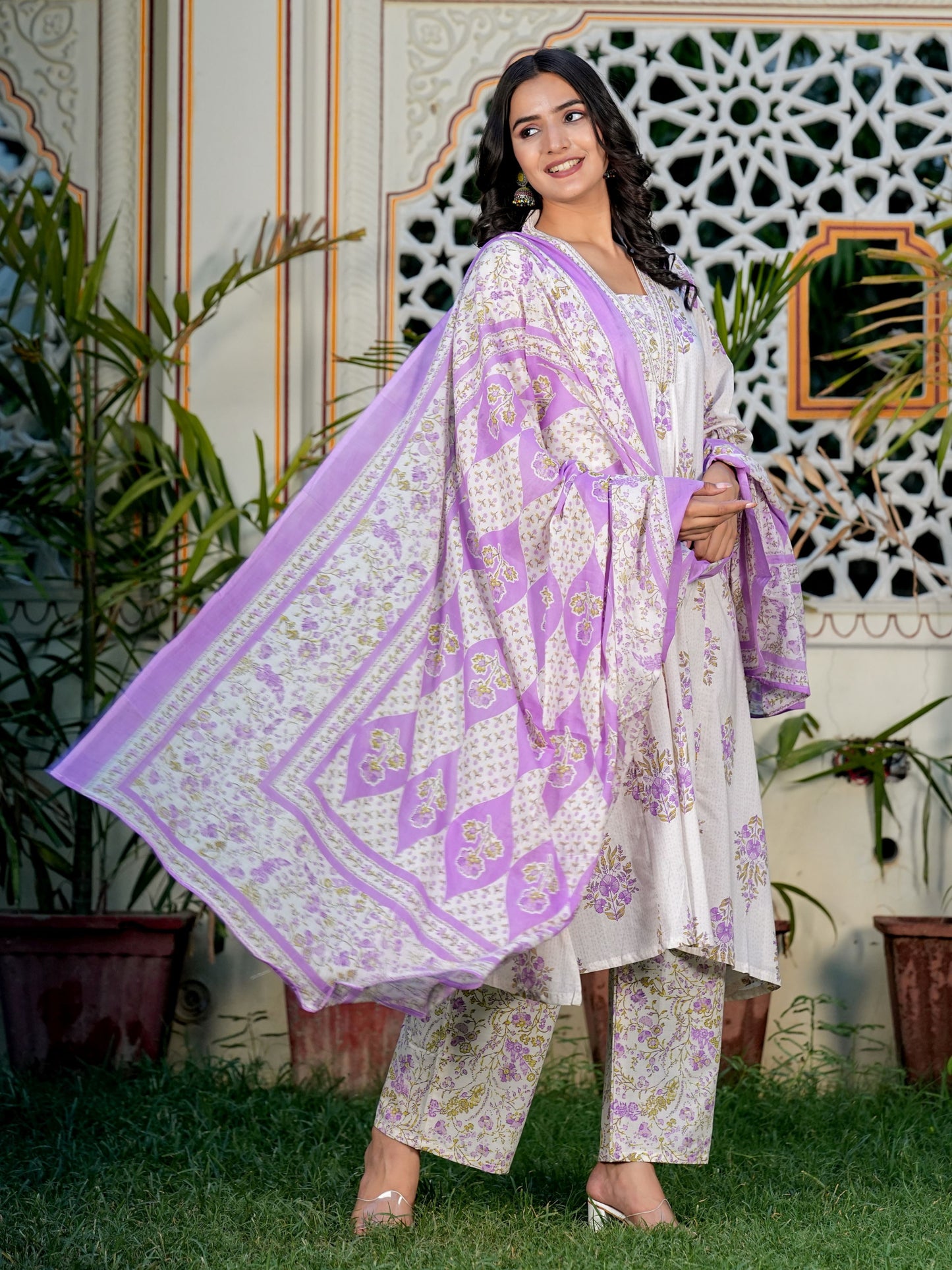 White And Purple Floral Printed A-Line Cotton Kurta Set