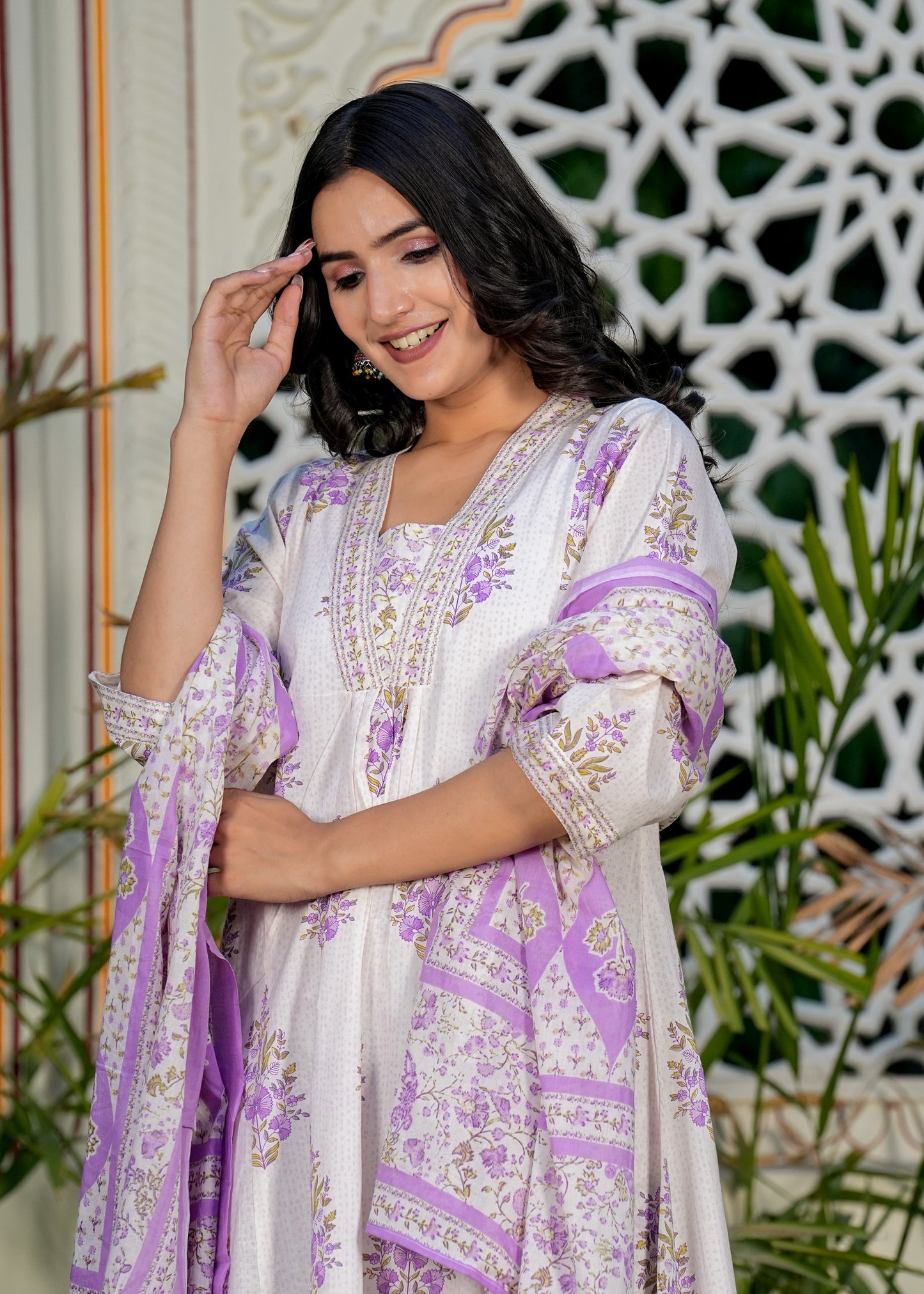 White And Purple Floral Printed A-Line Cotton Kurta Set