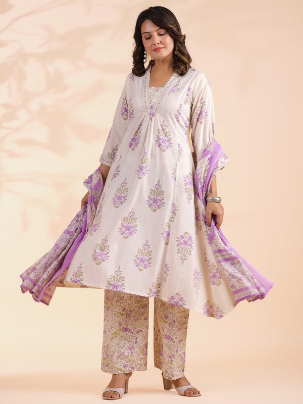 White And Purple Floral Printed A-Line Cotton Stitched Kurta Set