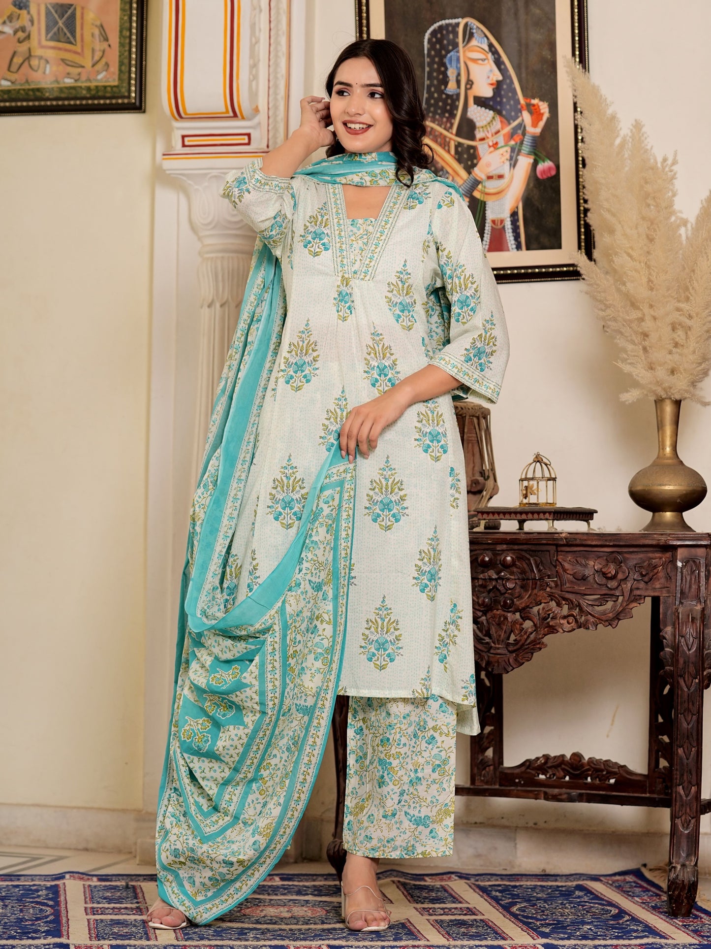 White And Turquoise Floral Printed A-Line Cotton Kurta Set