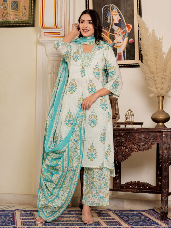White And Turquoise Floral Printed A-Line Cotton Kurta Set