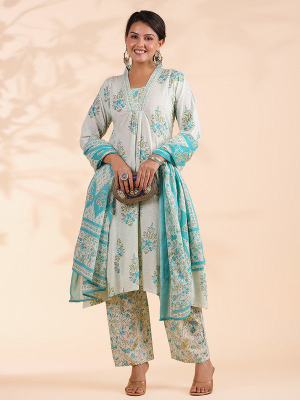 White And Turquoise Floral Printed A-Line Cotton Stitched Kurta Set