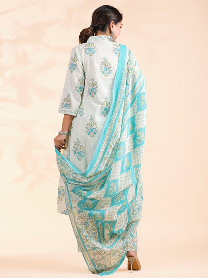 White And Turquoise Floral Printed A-Line Cotton Stitched Kurta Set