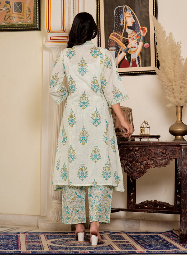 White And Turquoise Floral Printed A-Line Cotton Kurta Set
