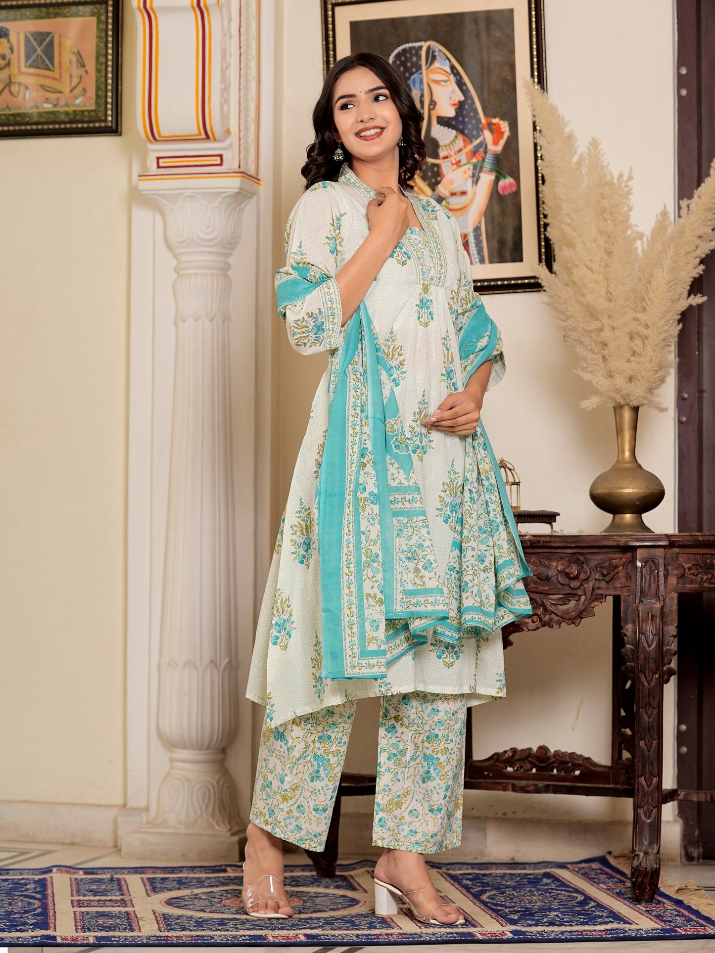 White And Turquoise Floral Printed A-Line Cotton Kurta Set