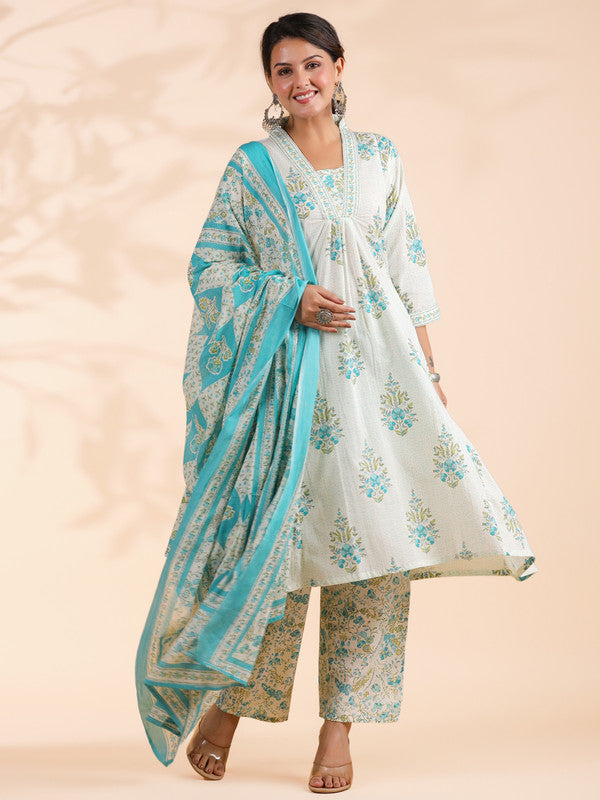 White And Turquoise Floral Printed A-Line Cotton Stitched Kurta Set