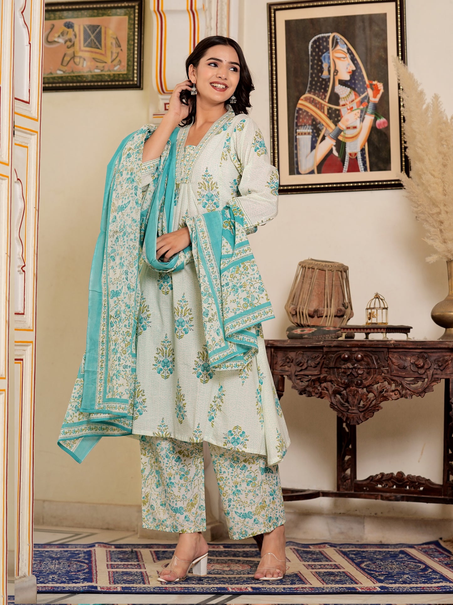 White And Turquoise Floral Printed A-Line Cotton Kurta Set