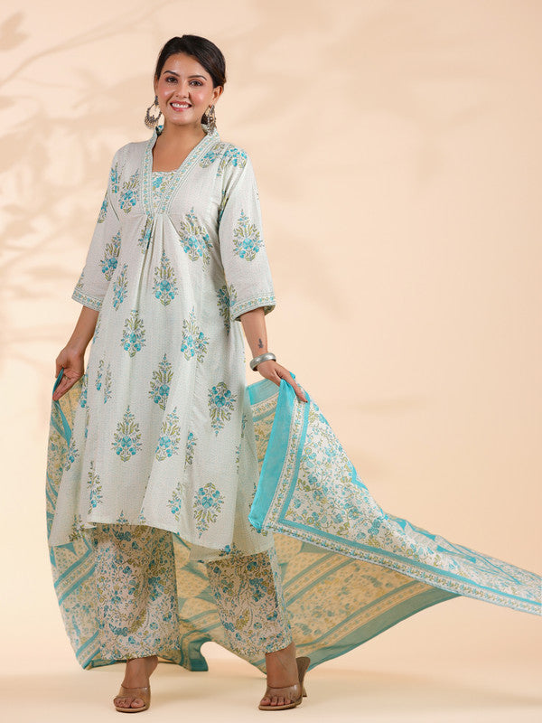 White And Turquoise Floral Printed A-Line Cotton Stitched Kurta Set