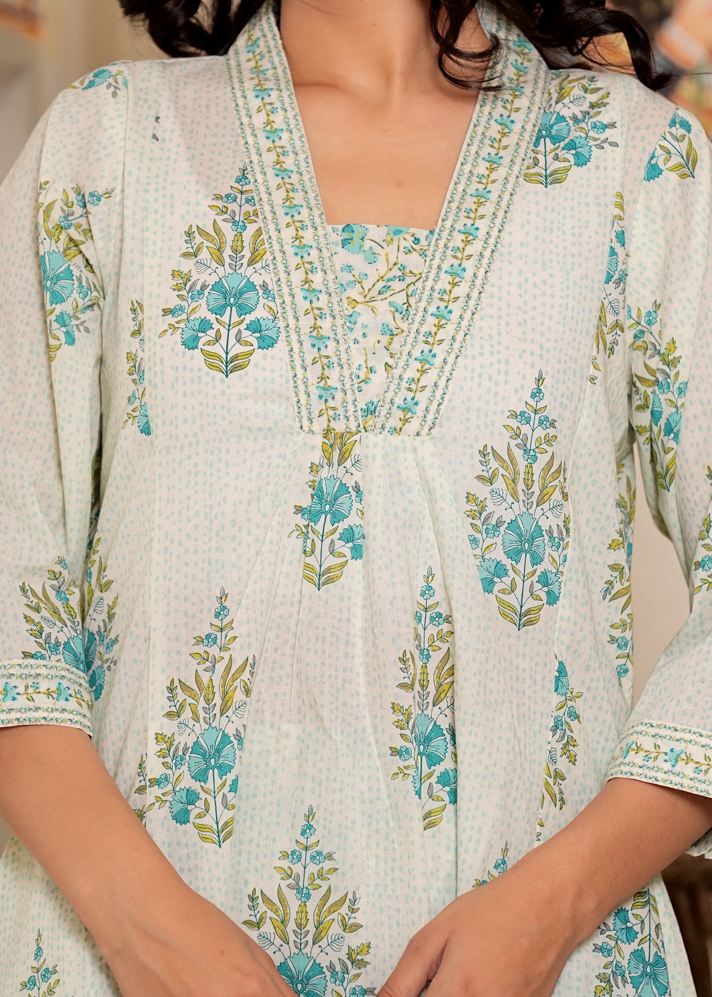 White And Turquoise Floral Printed A-Line Cotton Kurta Set