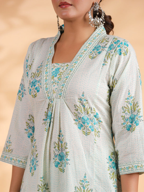 White And Turquoise Floral Printed A-Line Cotton Stitched Kurta Set