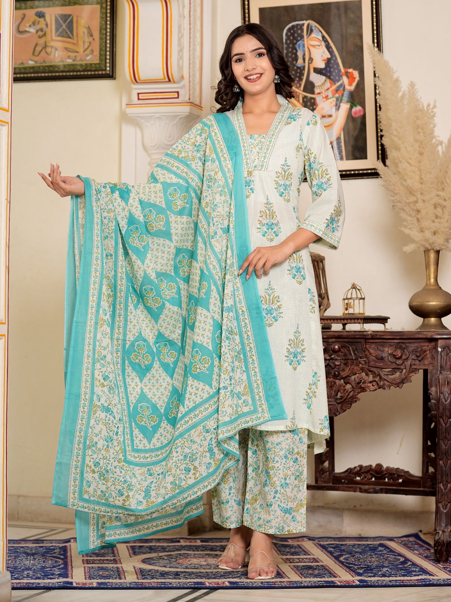 White And Turquoise Floral Printed A-Line Cotton Kurta Set