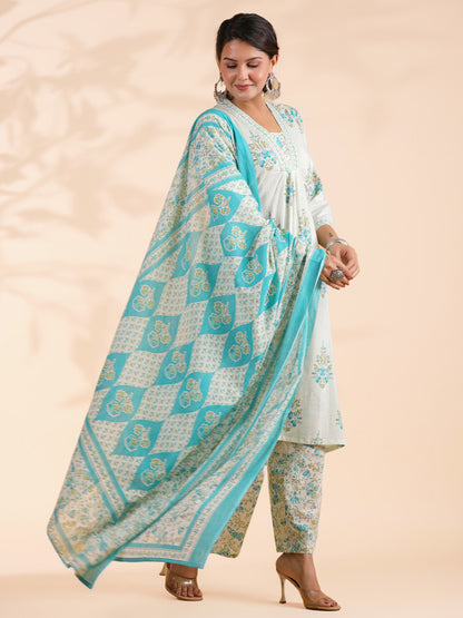 White And Turquoise Floral Printed A-Line Cotton Stitched Kurta Set