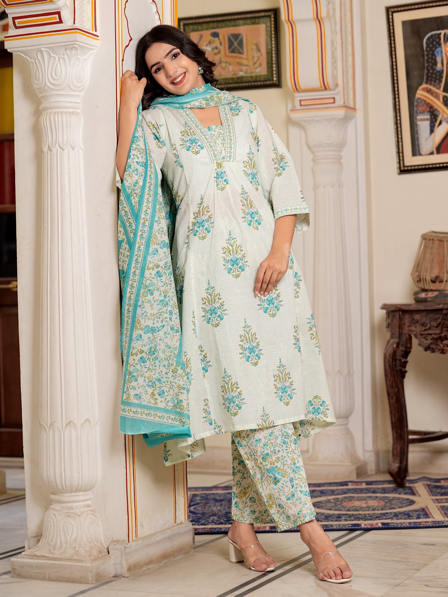 White And Turquoise Floral Printed A-Line Cotton Kurta Set