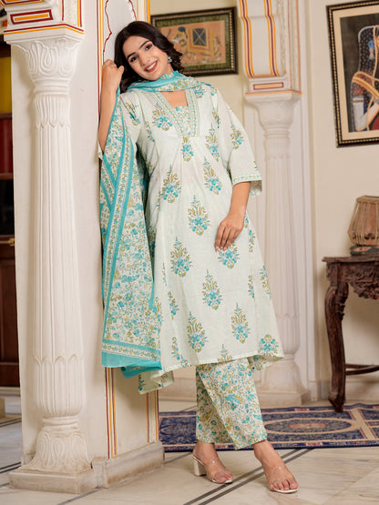 White And Turquoise Floral Printed A-Line Cotton Kurta Set