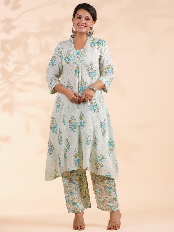 White And Turquoise Floral Printed A-Line Cotton Stitched Kurta Set