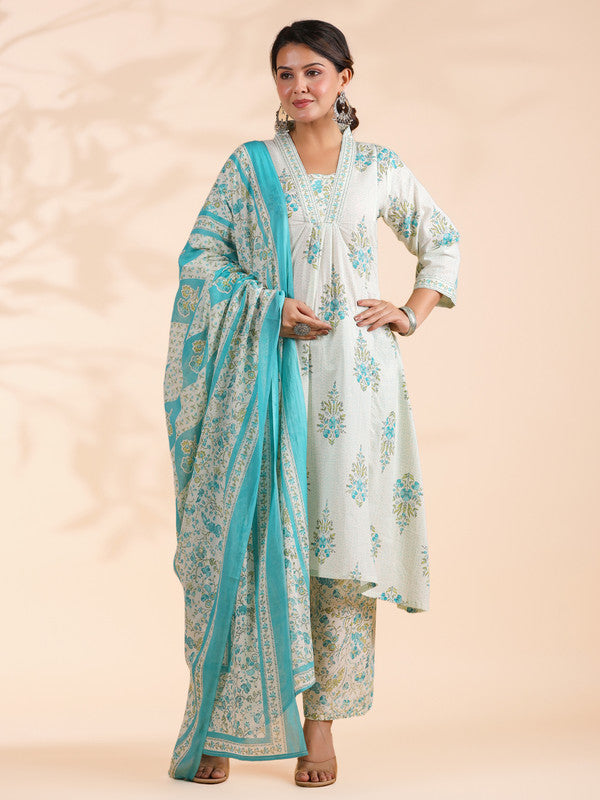 White And Turquoise Floral Printed A-Line Cotton Stitched Kurta Set