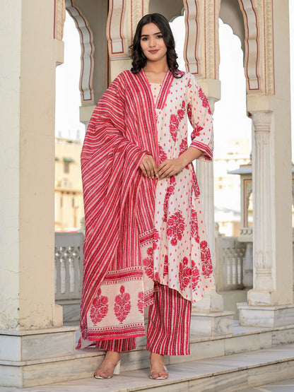 Off-White And Red Floral Printed A-Line Cotton Kurta Set