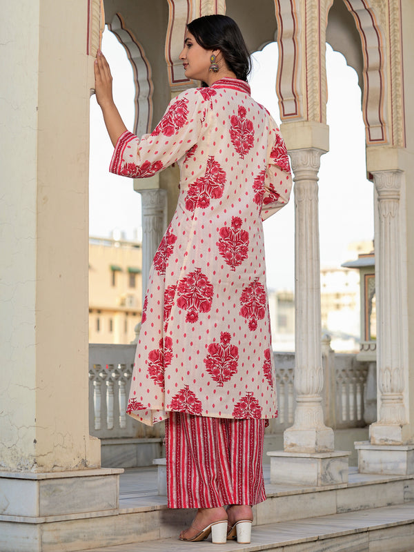 Off-White And Red Floral Printed A-Line Cotton Kurta Set