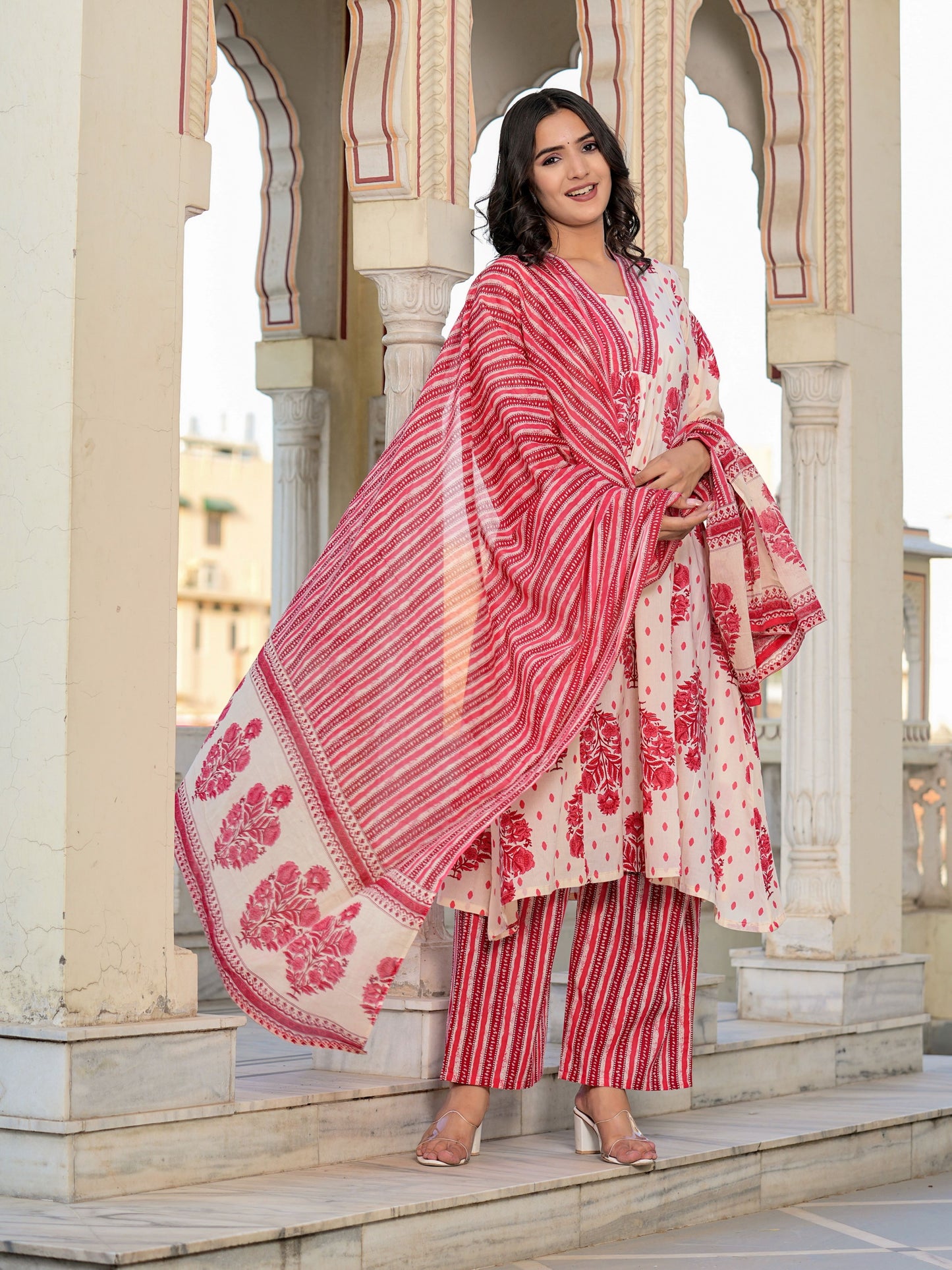 Off-White And Red Floral Printed A-Line Cotton Kurta Set