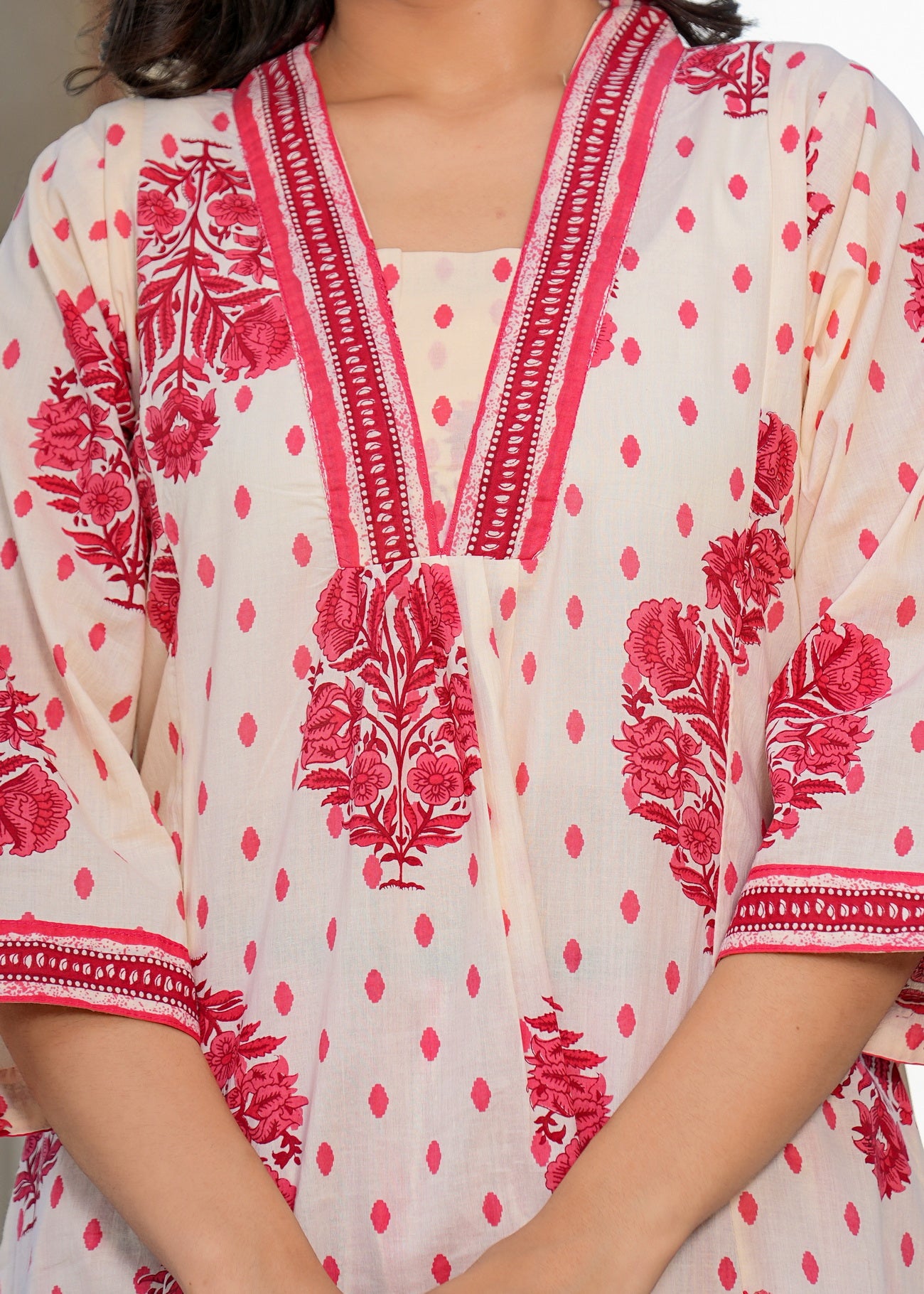 Off-White And Red Floral Printed A-Line Cotton Kurta Set