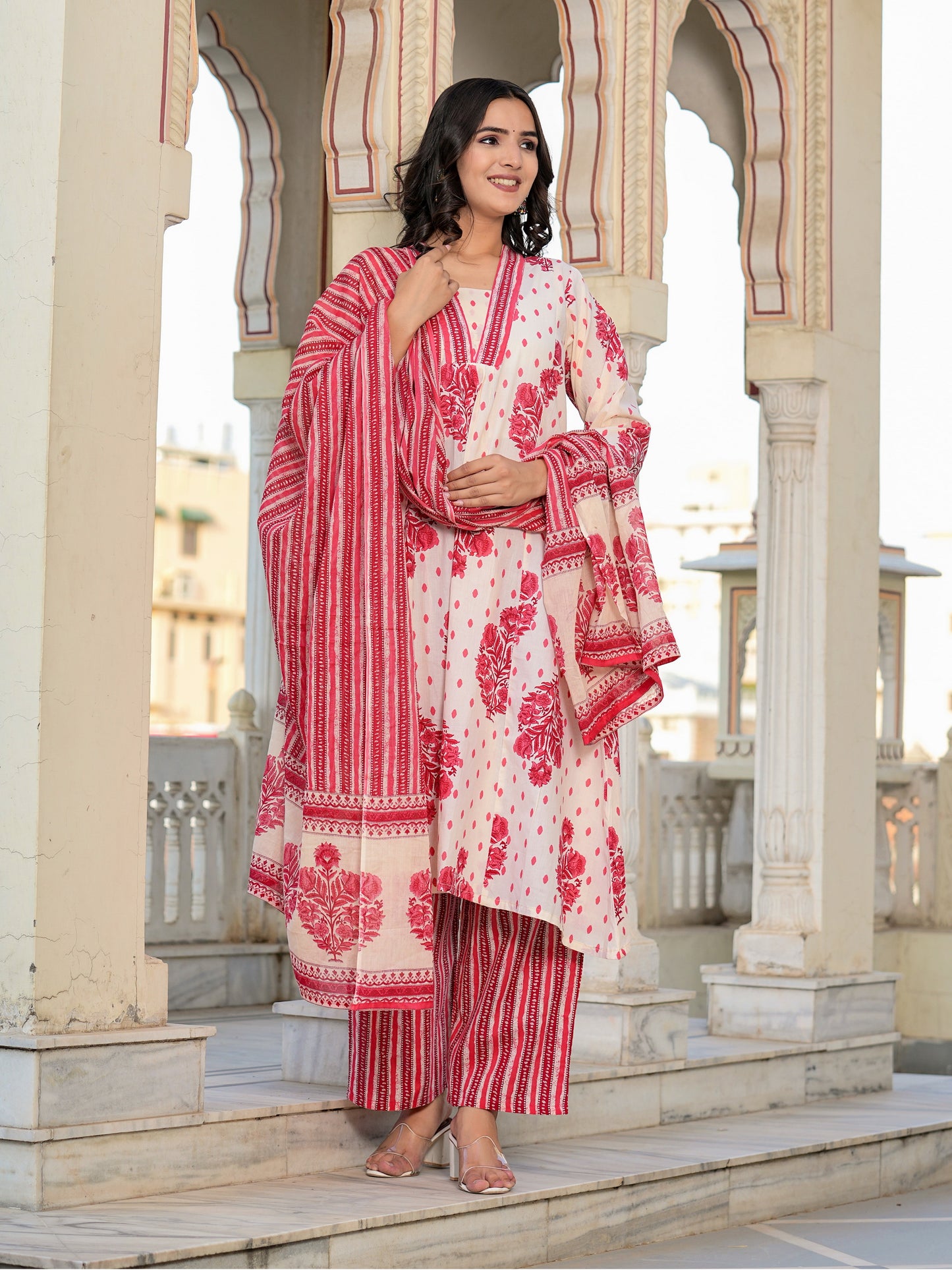 Off-White And Red Floral Printed A-Line Cotton Kurta Set