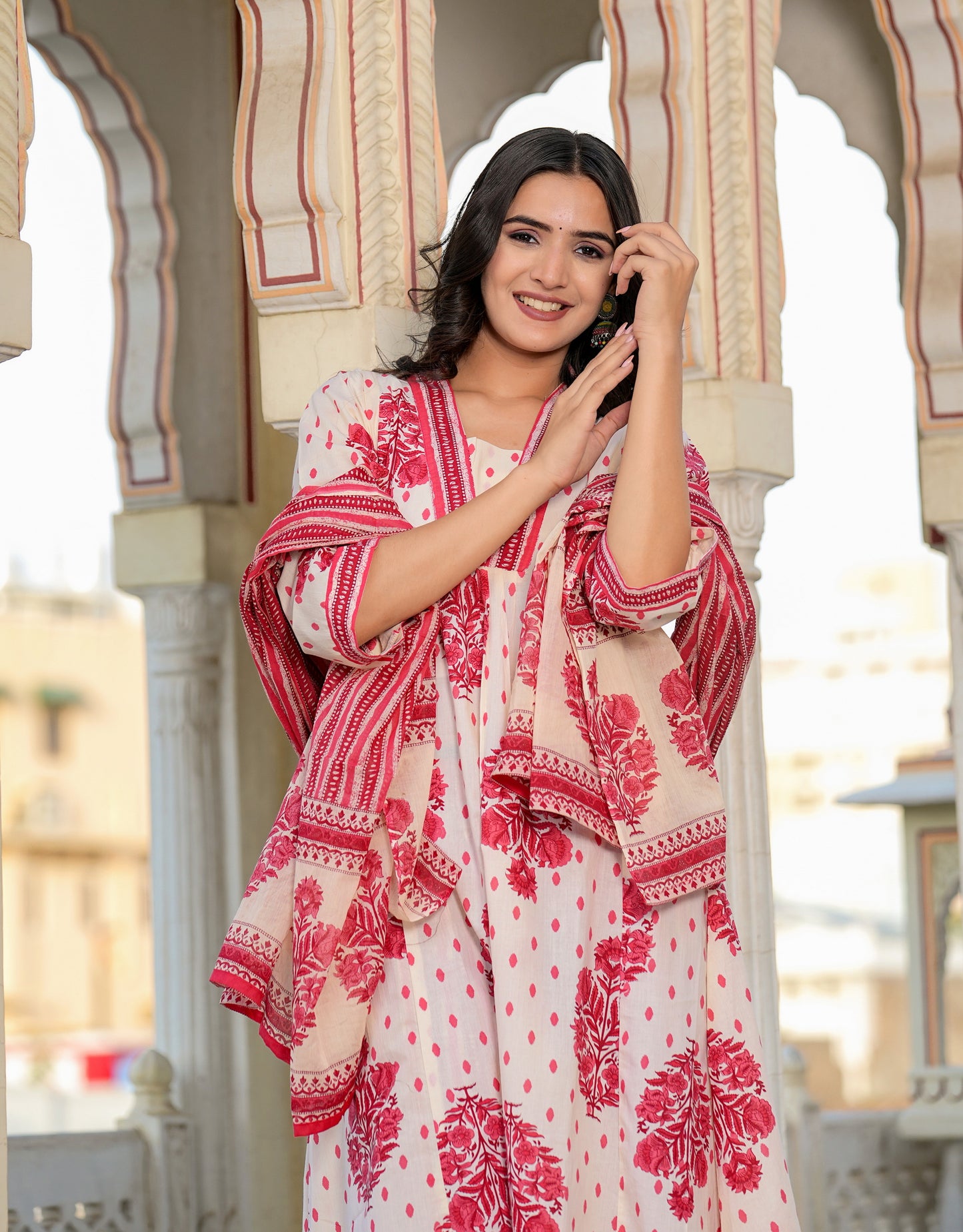 Off-White And Red Floral Printed A-Line Cotton Kurta Set