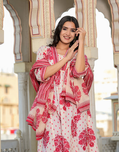 Off-White And Red Floral Printed A-Line Cotton Kurta Set