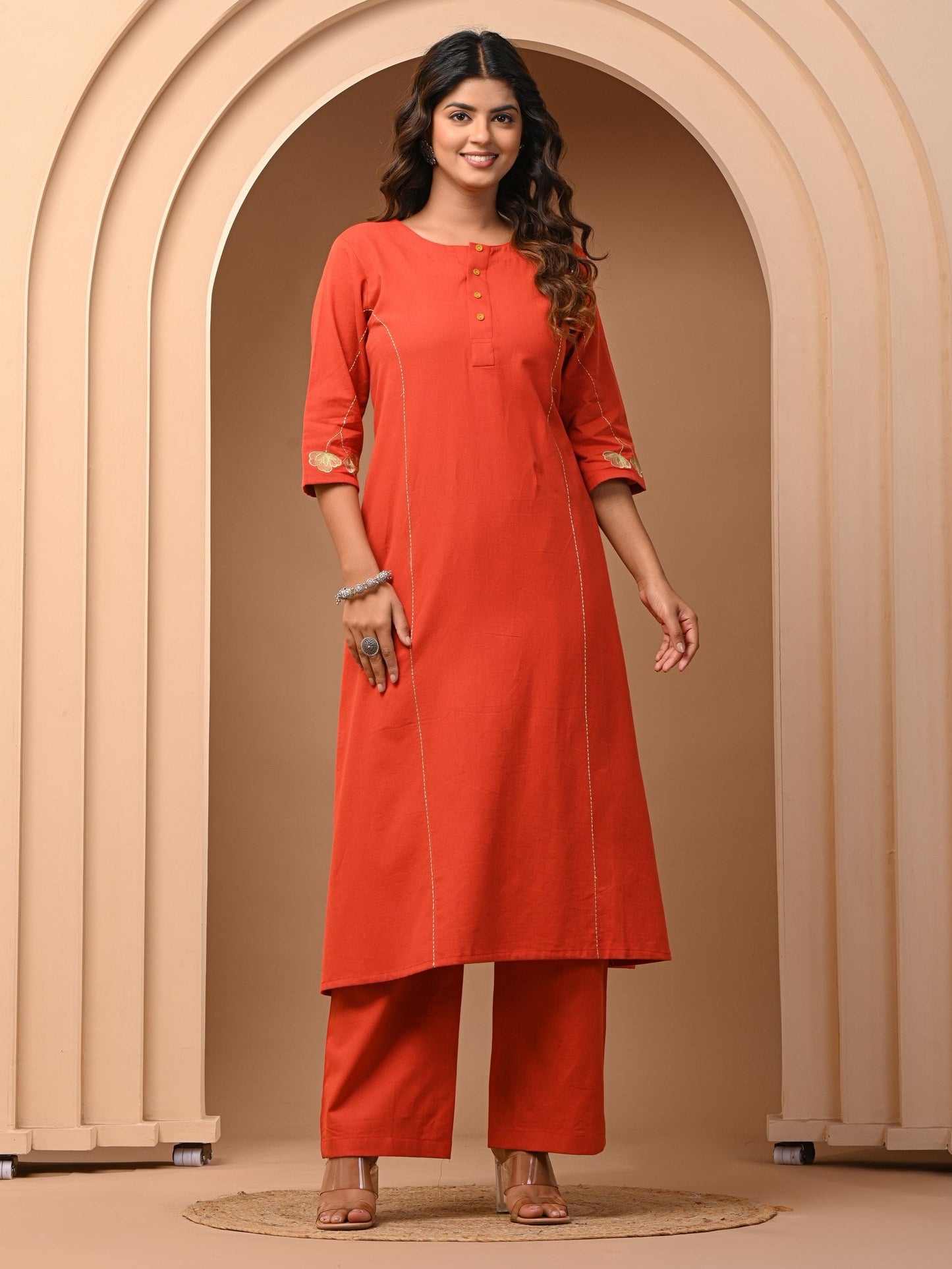 Orange A-Line Cotton Flex Kurta with Pant