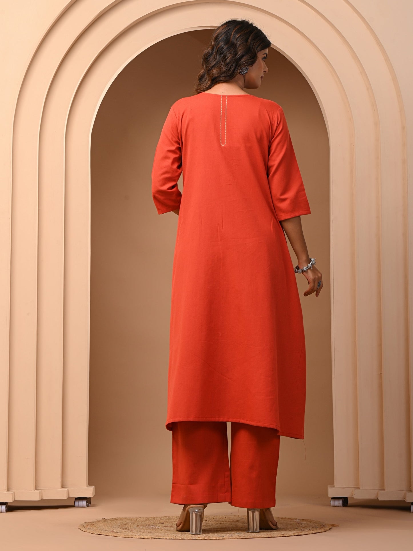 Orange A-Line Cotton Flex Kurta with Pant