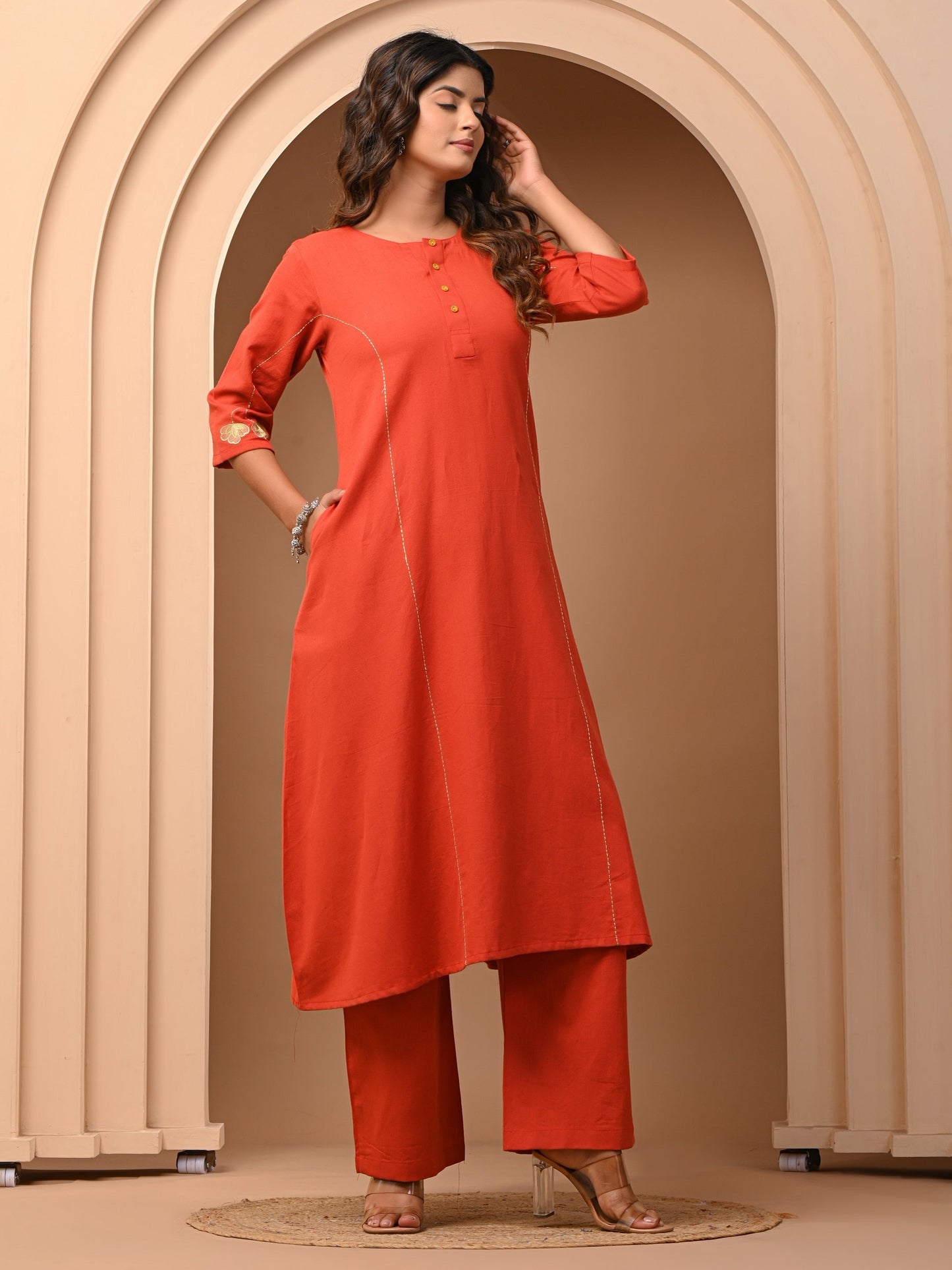 Orange A-Line Cotton Flex Kurta with Pant