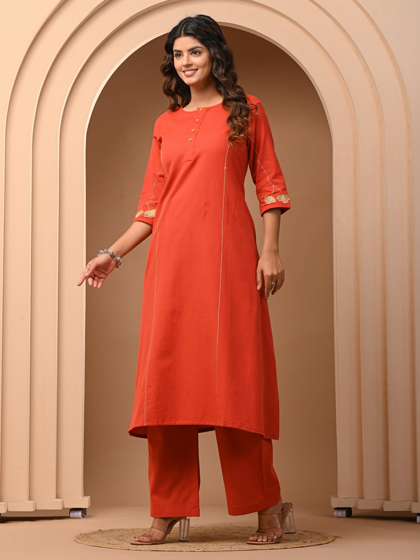 Orange A-Line Cotton Flex Kurta with Pant