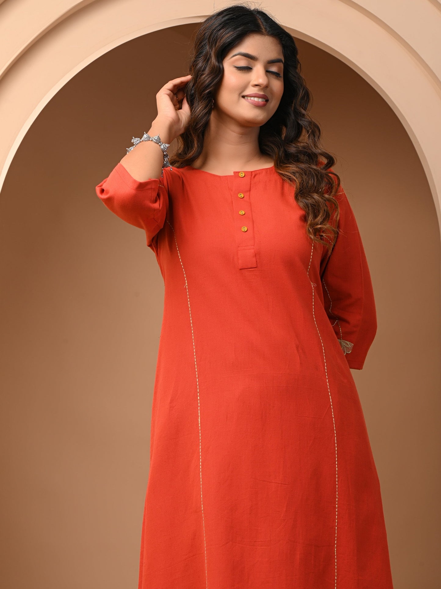 Orange A-Line Cotton Flex Kurta with Pant