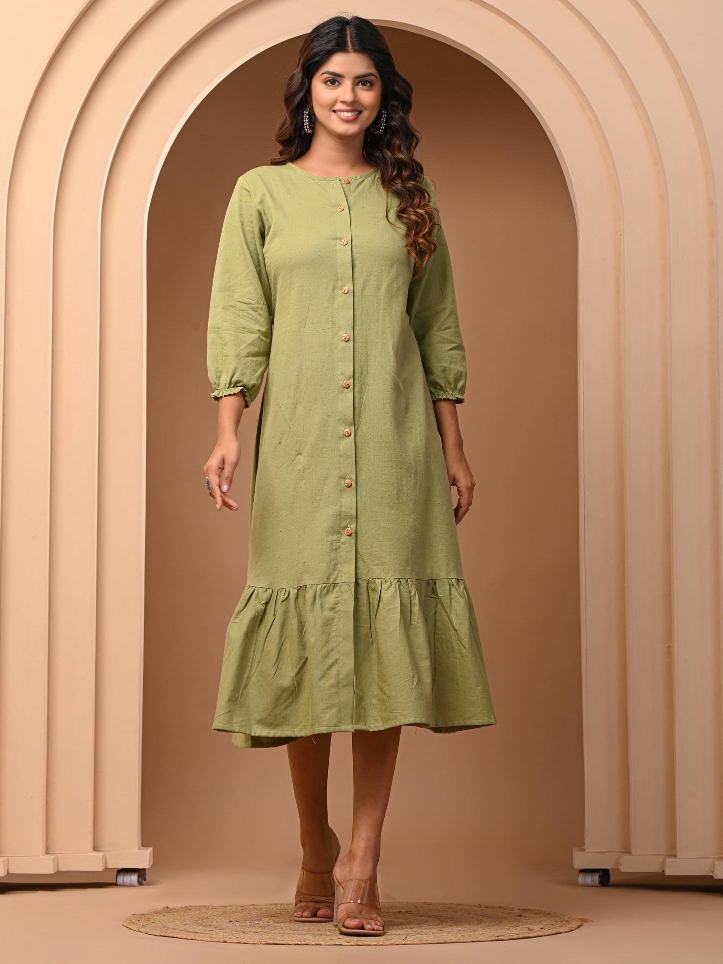 Pista Green Flared Cotton flex Dress