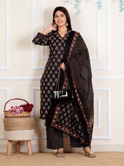 Black Straight Cotton Stitched Kurta Set