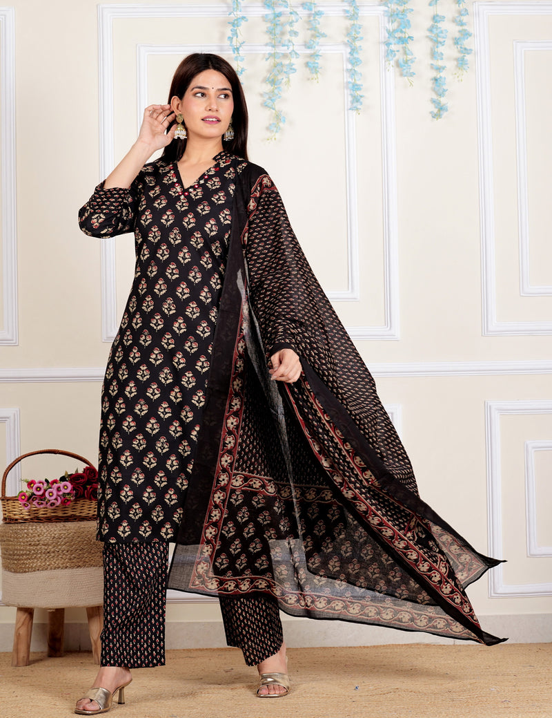 Black Straight Cotton Stitched Kurta Set