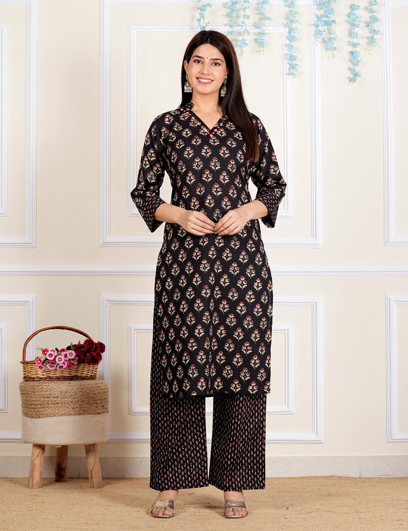 Black Straight Cotton Stitched Kurta Set