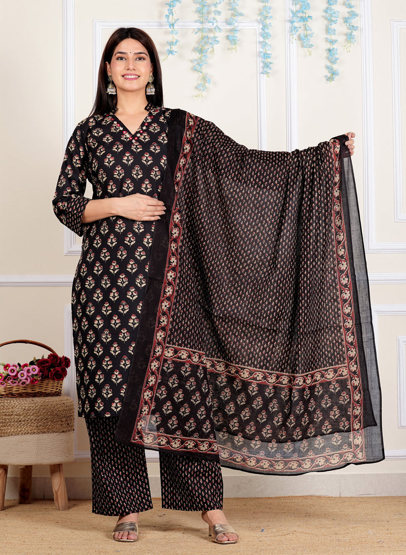 Black Straight Cotton Stitched Kurta Set